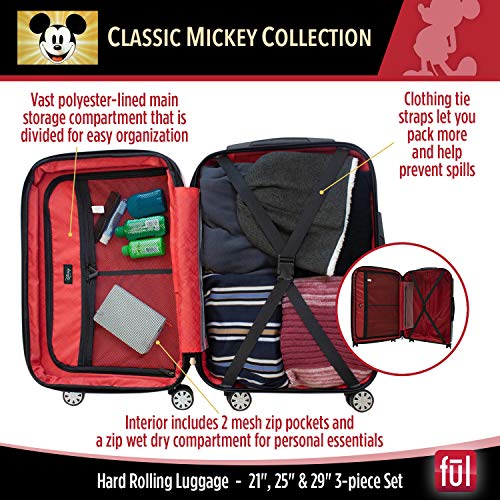 Ful Disney Mickey Mouse 3 Piece Rolling Luggage Set, Hardside Suitcase With Spinner Wheels, 21 Inch, 25 Inch And 29 Inch, Black #TOP4