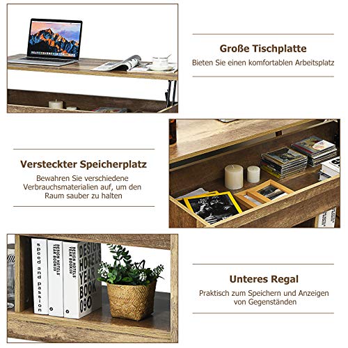 COSTWAY Couchtisch höhenverstellbar, Sofatisch Beistelltisch mit Ablagefach, Sofatisch aus Holz, Kaffeetisch Teetisch für Wohnzimmer Balkon Flur (Natur) – Bild 6