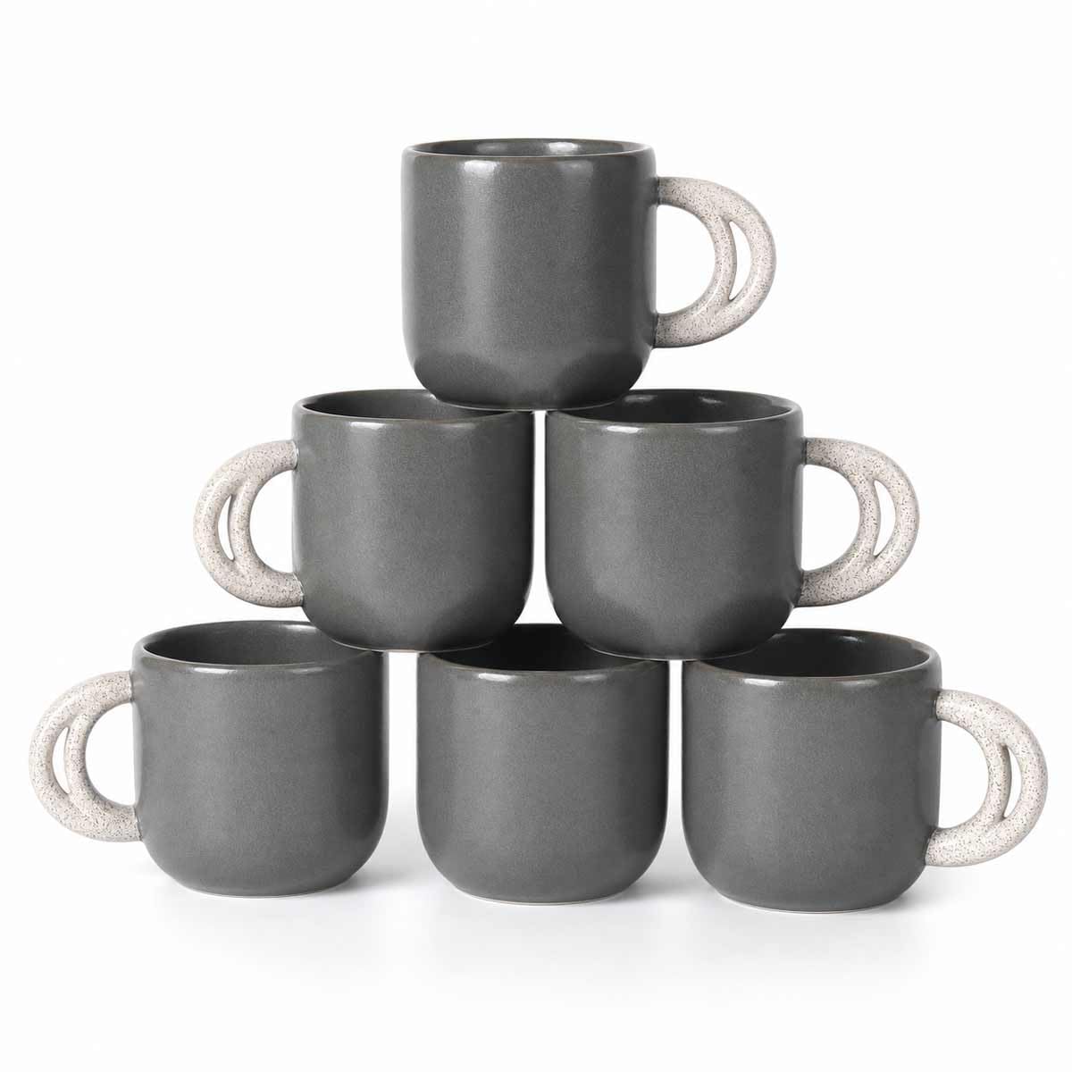 myGrtfam 12 oz Ceramic Coffee Mugs Set of 6, Stoneware Tea Cups with Novelty Double Arch Handle, 6-Piece Dark Grey & Speckled Mugs for Latte, Cappuccino & Hot Chocolate, Microwave & Dishwasher Safe