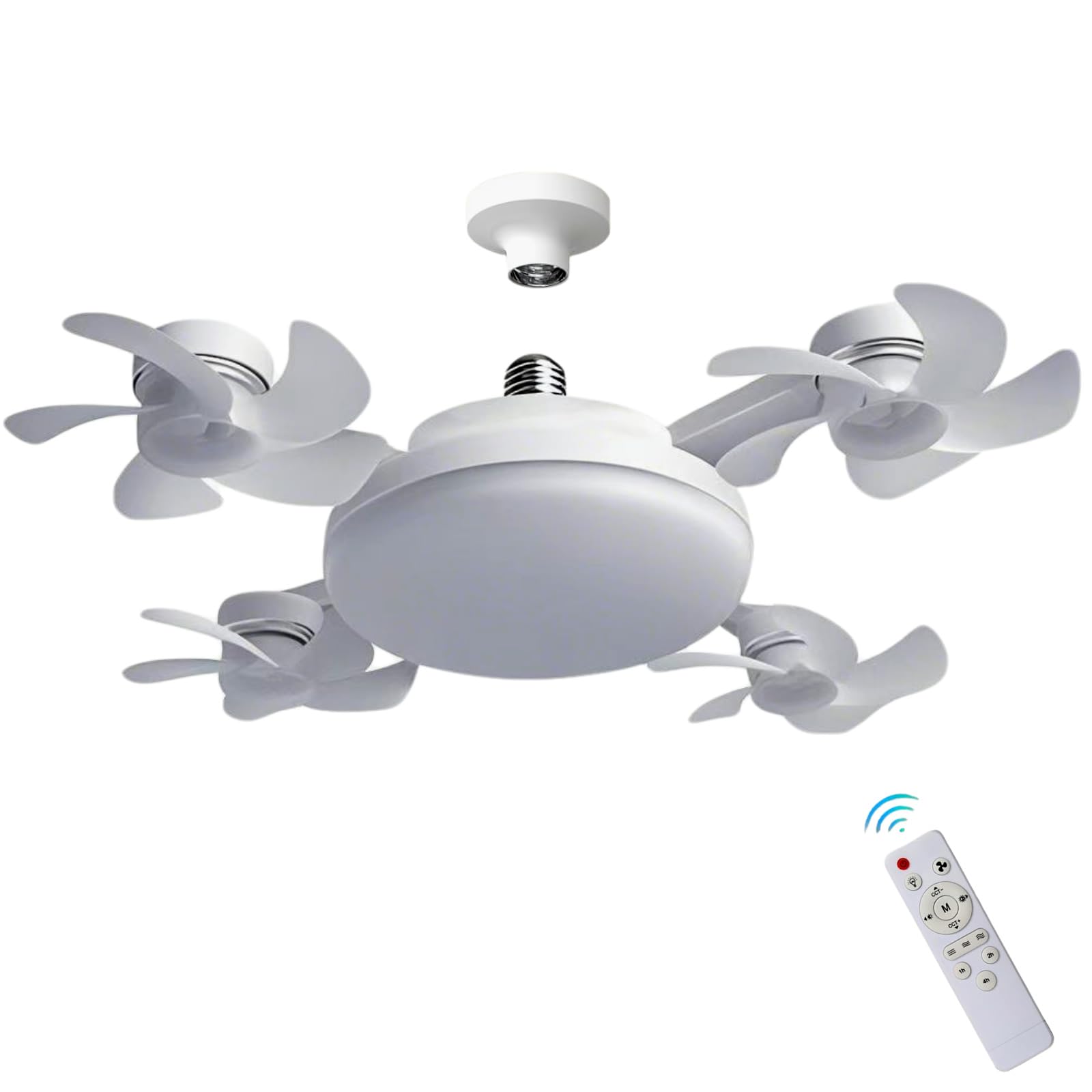 Screw in Ceiling Fan, Socket Fan Light with Remote Control 3 Colors 3000K-6500K Dimmable & 3 Wind Speeds Light Bulb for Bedroom, Kitchen, Garage (4 Head)