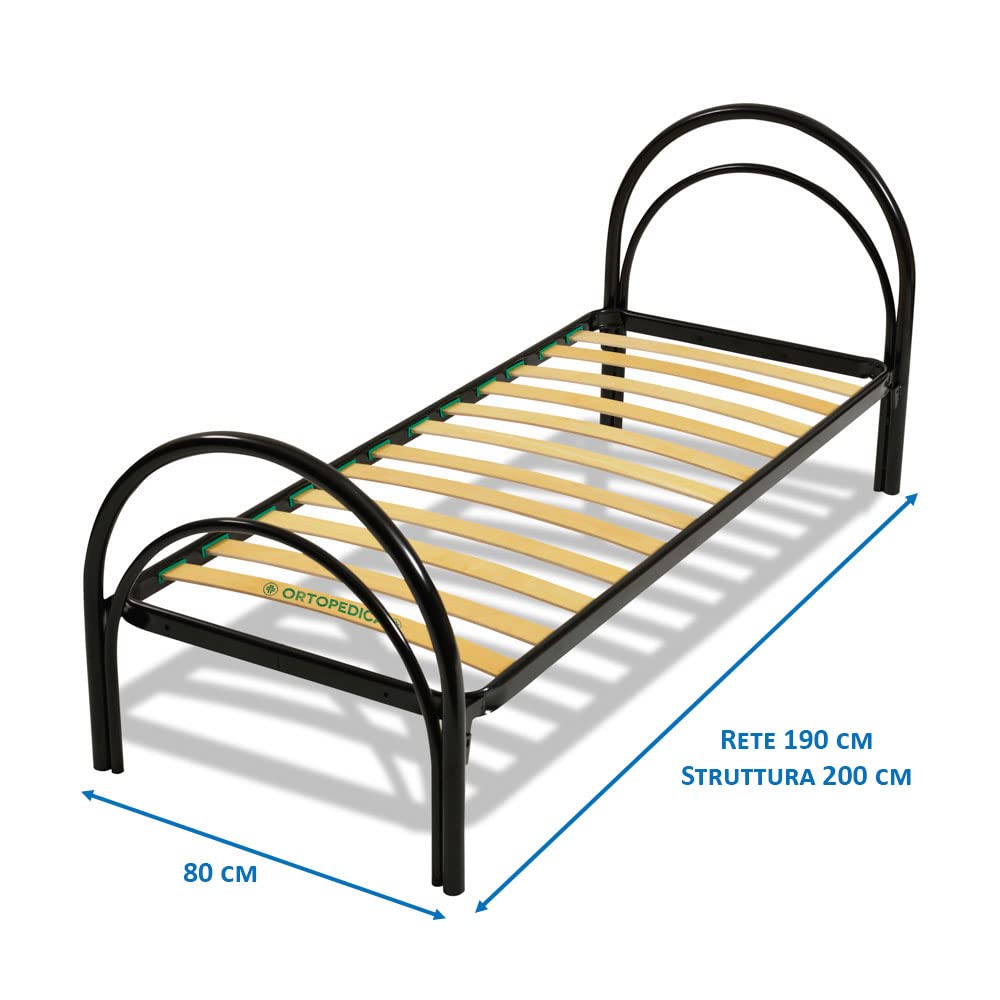Comprarredo Letto singolo con rete ortopedica a doghe flessibili misura 80x190, con testata, pediera e telaio completamente in metallo, ideale per cameretta bambini e ragazzi