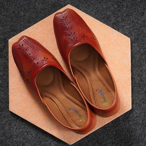 Image of Duosoft Women's Leather Ballet Flats, Black Perforated Design, Comfort Cushioned Insole, Slip-On Style Bellies Dw-201-Tan