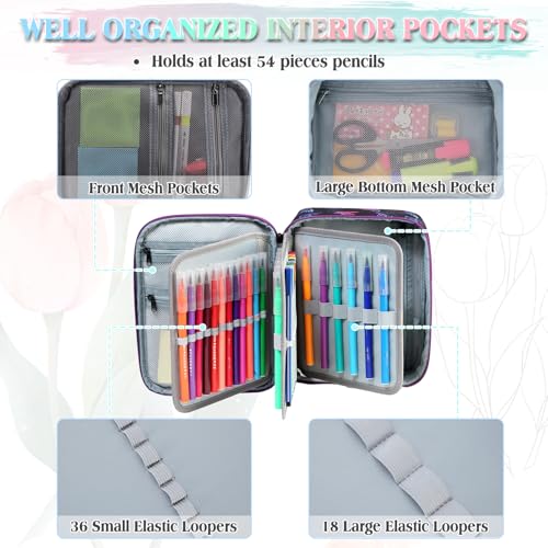 Image of VX VONXURY Large Pencil Case, 54-Slot Colored Pen Pouch 2 Removable Sleeves | Cute Zipper Pencil Bag Organizer, Top Handle, Front Zip Pocket, Durable Fabric for Art Supplies Markers School Travel College
