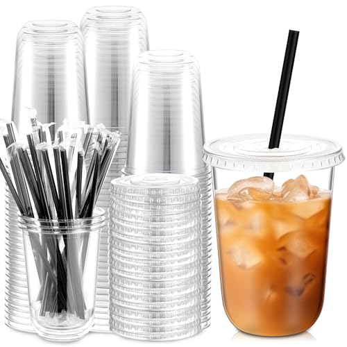 Ziliny 100 Set 16 oz Clear Plastic Cups with Lids and Straws, Disposable Iced Coffee PET Cups for Drinking Cold Beverage Juice Parfait Smoothie Milkshake Coffee Shops Party Supplies