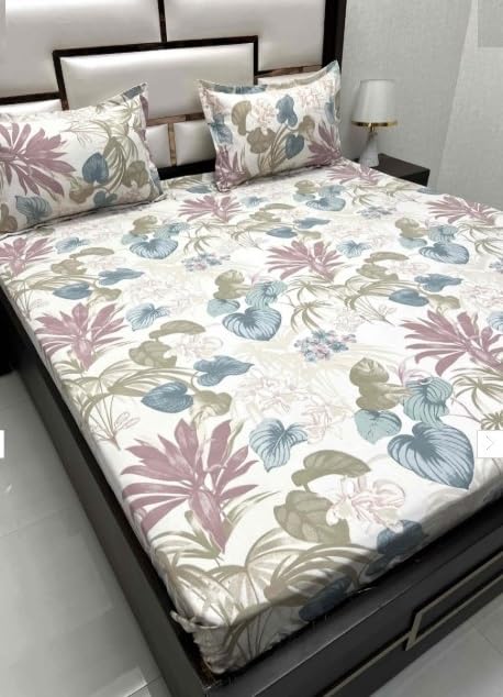 Image of 180 TC Cotton Feel All Around Elastic Fitted Bedsheets King Size, Premium Fitted Bedsheets King Size for Double Bed with 2 Pillow Covers, Size- 78 inch x 72 inch (Flower Paan)