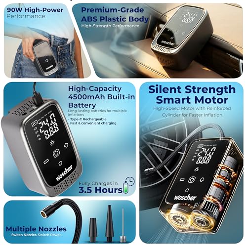 Image of Woscher i23 Cordless, 4500 mAh Battery & 12V USB Port Portable Tyre Inflator for Car & Bike with 150 PSI | Digital Display, Auto Shutoff | Air Pump Compressor for Car Tyre, Bikes, Bicycles, Balls