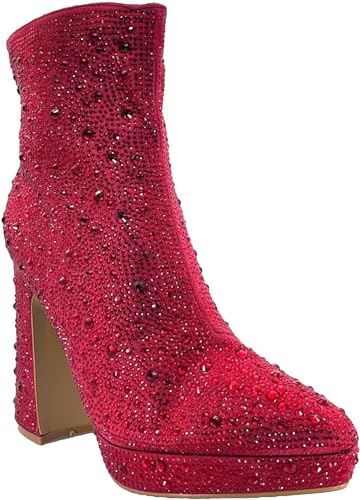 Forever Link Women's Rhinestone Boots Ankle Boots Pointed Toe Chunky High Heel Platform Booties