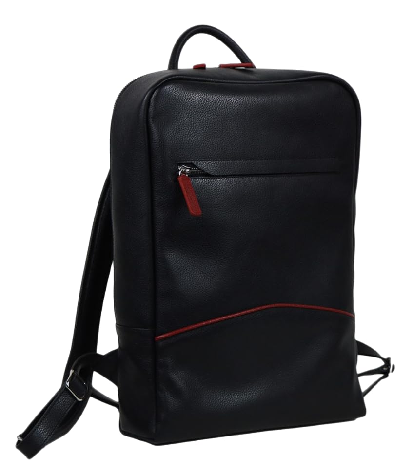 Leather Laptop Backpack Bag Handmade to Order in Italy, Soft Pebble-Grain Leather Luxury Travel Laptop Case (BlackRed)