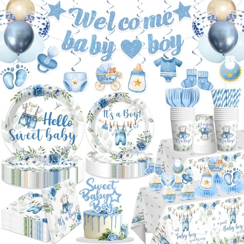 cocomigo 213PCS Blue Baby Boy Shower Decorations Tableware Set 25 Serves Disposable Plates and Napkins Set with Cake Topper Centerpieces Banner Tablecloth for Baby Boy Baby Shower Decorations