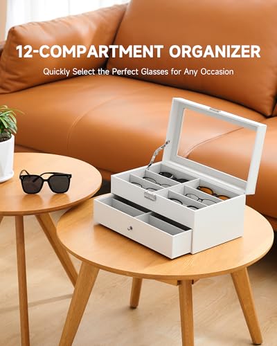 Image of CO-Z Sunglasses Organizer with 12 Slots, Leather Eyeglasses Storage Box for Women Men, 2 Story Lockable Display Case for Multiple Glasses, Sunglasses Jewelry Collection Holder with Drawer, White