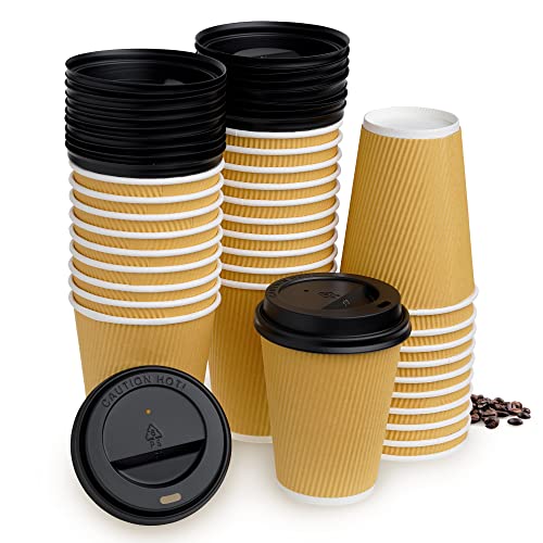 STACKABLES Gobelets à café jetables de 355 ml pour boissons à emporter – Gobelets en papier kraft à triple paroi isolés pour boissons chaudes et couvercles anti-fuite