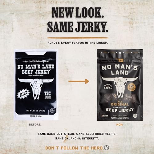 Image of No Mans Land Slow-Dried Beef Jerky | Smoked & Seasoned Jerky Strips | High Protein, Low Carb Beef Snack | Gluten Free - MILD (7.5oz)