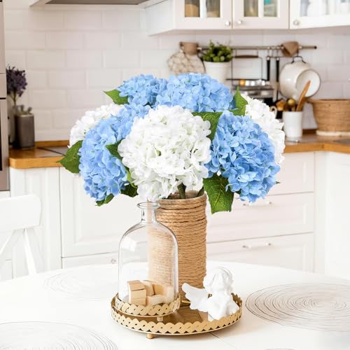 Image of Bassion 4 Pcs 21 inch Blue White Hydrangea Artificial Flowers for Decorations