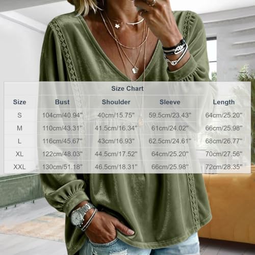 Velvet Top Women Lace Trim Long Sleeve V-Neck Babydoll Velour Shirts - image 4