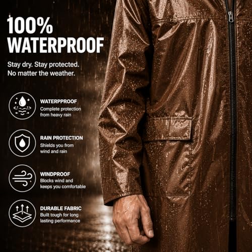 Image of Waterproof Hooded Long Rain Coat for Men, Polyester, Full Sleeves, Regular Fit, Outdoor Riding, Camping & Hiking