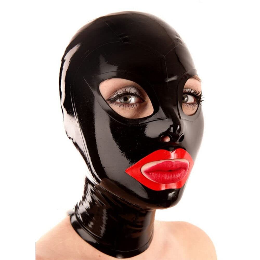 LYJIESG Latex Head Cover Black latex HeadMask Latex Hood Exposed eyes Exposed Mouth Halloween Full Face Mask (Size:L-68CM)