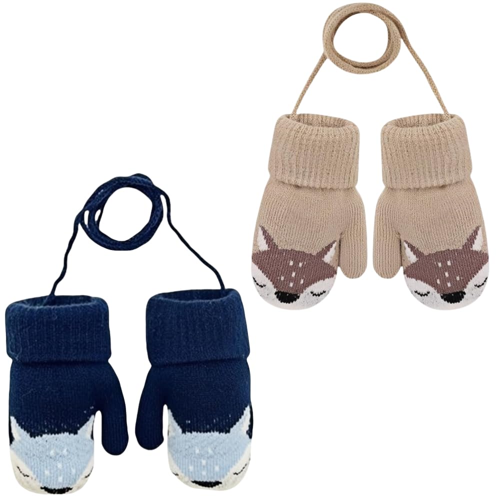 SDXCJY 2 Pairs Kids Knitted Gloves,Kids Mittens on String for Toddler Winter Knitted Mittens Warm Fleece Gloves for Kids 0-3 Years (2 Pairs)