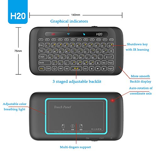 H20 Mini Wireless Handheld Keyboard Remote with Touchpad Mouse Combo Backlit 2.4Ghz Rechargeble Work with USB Receiver for Computer,Android Tv Box,HTPC,IPTV,PC,Windows,OS etc