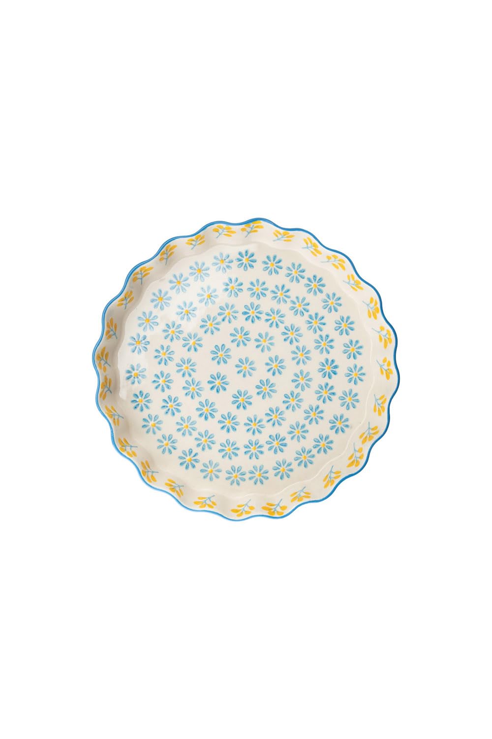Tranquillo Stampo per quiche in gres con stampa stampata a mano floreale blu/giallo, 22 x 22 x 4 cm