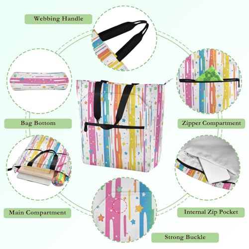 Rainbow Color Stripes Stars Tote Bag for Book Lovers Reusable Bags with Zipper Pocket for School Work Shopping3