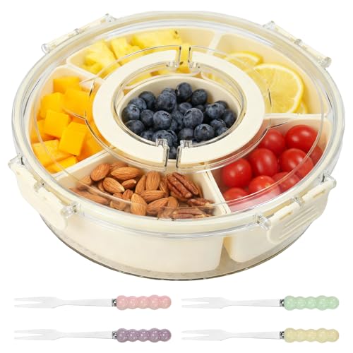 Zithgen Plateau de Snack Rotatif 6 Compartiments Amovibles avec 4 Fourchettes Inox - Boîte à Collation avec Couvercle et Poignée, Plateau de Service pour Fête, Pique-nique - Idéal pour Fruits, Bonbons – vue 8