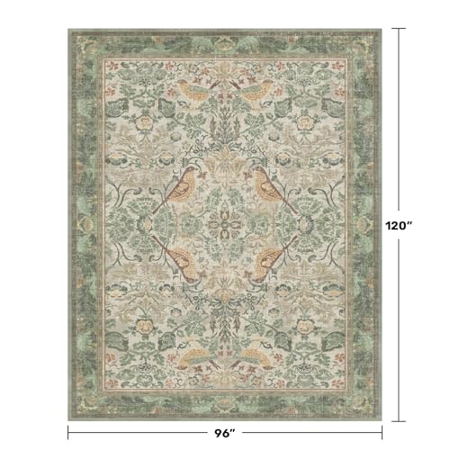 Image of Hazo Haus Washable Floral Bird Rugs for Living Room - Sage Green 8x10 Area Rugs for Bedroom Under Bed, Dining Room Kitchen Table Rug for Under Table, Nature Botanical Decor, Stain Resistant Non-Slip