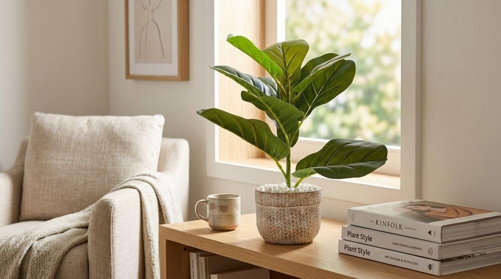 Elements Artificial Fiddlehead Plant 15 Inch Faux Greenery in Modern Pot with White Rocks - Realistic Soft-Touch Plastic Indoor Fake Plant for Home Office Decor