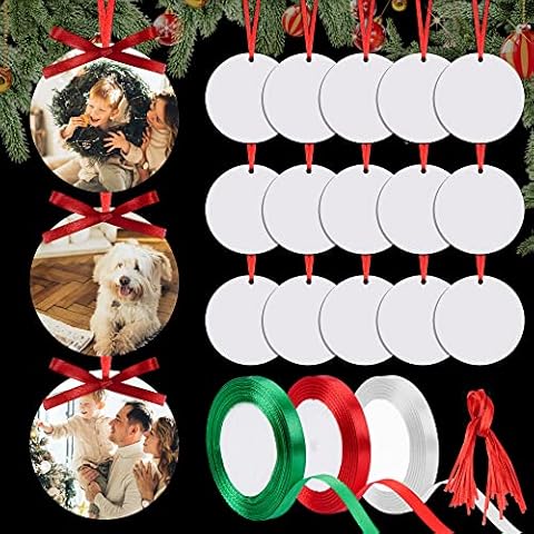 Christmas Sublimation Ornament Blanks 24PCS MDF Sublimation Blank Pendants Bulk Double Sided Printed Round Sublimation Ornaments with 3 Roll Ribbon for Christmas DIY Craft Decoration Supplies Cover