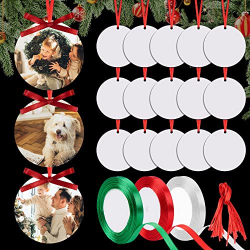 Christmas Sublimation Ornament Blanks 24PCS MDF Sublimation Blank Pendants Bulk Double Sided Printed Round Sublimation Ornaments with 3 Roll Ribbon for Christmas DIY Craft Decoration Supplies