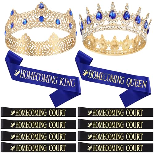 Saintrygo 12 Pcs Homecoming Crowns Sash Set Homecoming King Queen Crystal Tiara Court Shiny Sash for Party(Shiny Gold Blue)