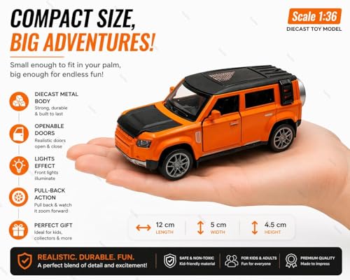Image of 1:36 Scale Defender Die-Cast Toy Car - Pull Back Metal SUV Model with Openable Doors, LED Lights & Music - Alloy Mini Car Gift for Kids, Boys & Collectors (Orange)