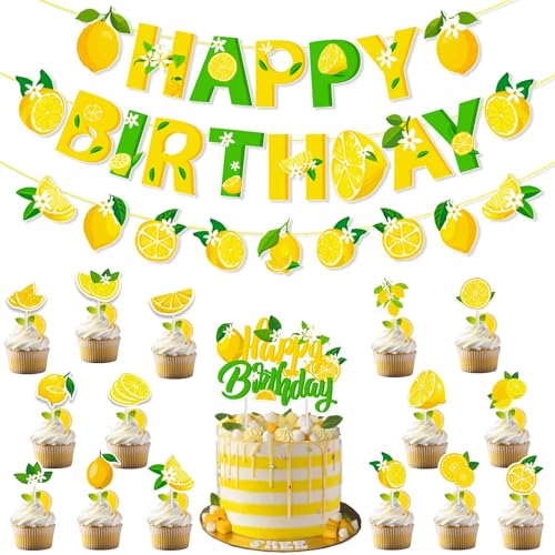 Silars Lot de 15 décorations de gâteau d'anniversaire au citron - Avec 12 décorations de cupcake et 2 guirlandes (citrons)