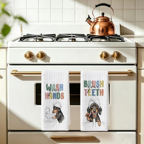 Image of 2 Pcs Funny Dachshund Hand Towel for Bathroom 24x14 Inch, Dachshund Gifts Reusable Dish Cloth Towel, Waffle Weave Hand Towels for Toilet Home Bathroom Decor, Weiner Dog Gifts for Women Mom Friend