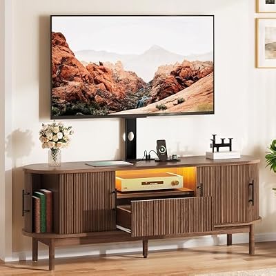 YITAHOME TV Stand with Mount and Power Outlet, Modern Entertainment Center with 3 Height Adjustment TV Mount for 32-70 inch TVs, LED Fluted TV Media Console with Sliding Doors, Curved Profile Design