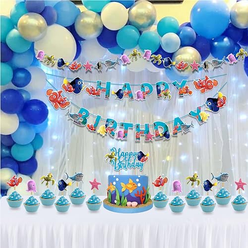 "Findng Nmo Theme Birthday Party Supplies – Under the Sea Decorations for Boys Girls – Includes Birthday Banner, Cake Topper, Cupcake Toppers, Garland & Ocean Party Décor Set"