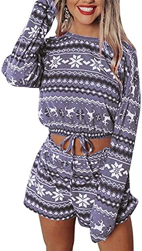XIAOHESHOP Women Pajamas Set Soft Sleepwear Pjs Women Christmas Pajamas Sets Printed Full Length Regular Sleeve Round Neck Pullover Drawstring Decorated Top Shorts Set PJ Set Loungewear Sleepwear