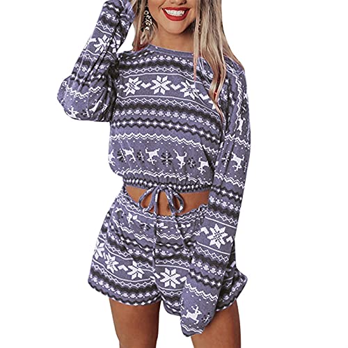 Xiaoheshop Women Pajamas Set Soft Sleepwear Pjs Women Christmas Pajamas Sets Printed Full Length Regular Sleeve Round Neck Pullover Drawstring Decorated Top Shorts Set Pj Set Loungewear Sleepwear #TOP3