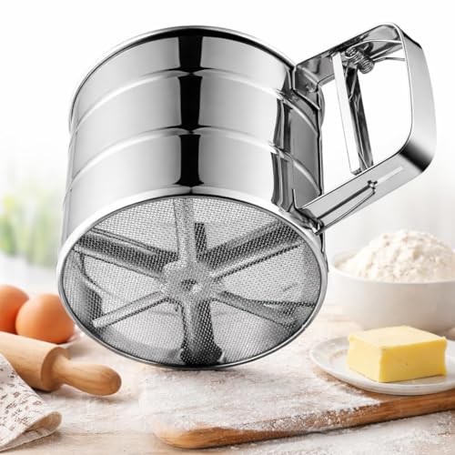Image of Combo of Flour Sifter Hand Press Stainless Steel and (Aluminium Dishwashing Hand Glove), Atta Chalni for Kitchen, Fine Mesh Flour Sieve Sifter, Easy Press Flour Strainer, Steel Sieve for Maida Atta