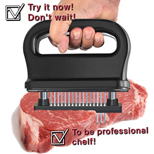 48 Blades Meat Tenderizer with Cleaning Brush Stainless Steel Ultra Sharp Needle Blades Meat Tenderizer Tool | Turn Tough & Hard Meats Into Tender Buttery Goodness | Great for chicken, Steak (black)