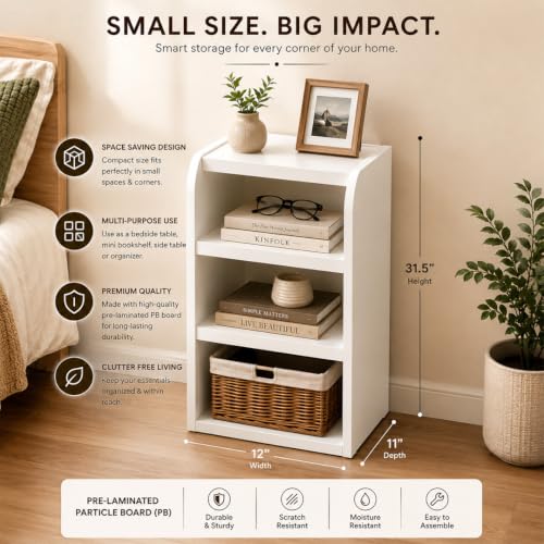 Image of White Bedside Table with 3 Open Shelves, 32 inch Height