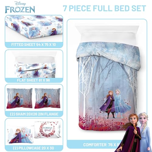 Image of Disney Frozen 2 Forest Spirit 7 Piece Full Bed Set - Includes Reversible Comforter & Sheet Set - Bedding Features Elsa and Anna - Super Soft Fade Resistant Microfiber - (Official Disney Product) | Bed in a Bag, Comforter Sheets Shams Pillowcases, Official Brand, Soft Microfiber, Machine Washable, Girls Gift