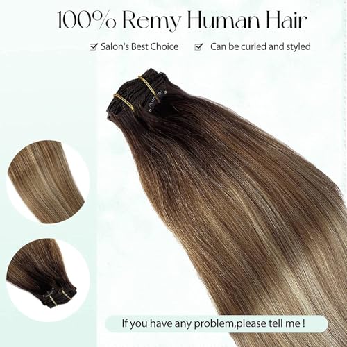 Image of Hair Extensions Clip in Real Human Hair Clip ins Hair Extension Light Brown to Medium Blonde Balayage Remy Human Hair for Women 20 Inch 7Pcs 70g