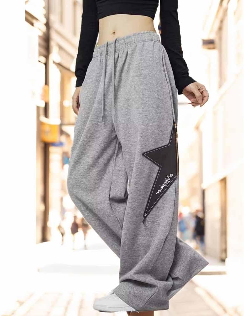 Female Star Printed Sports Pants Y2K Drawstring Elastic Waist Jogging Pants Street Loose Straight Leg Pants - Image 3