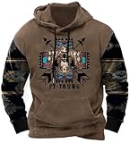 Drantren Hoodies for Men Western Cowboy Hooded Sweatshirt Fashion Print Graphic Hoodie Outdoor Workout Pullover with Pocket Brown
