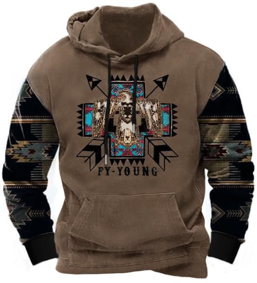 Hoodies for Men Western Cowboy Hooded Sweatshirt Fashion Print Graphic Hoodie Outdoor Workout Pullover with Pocket
