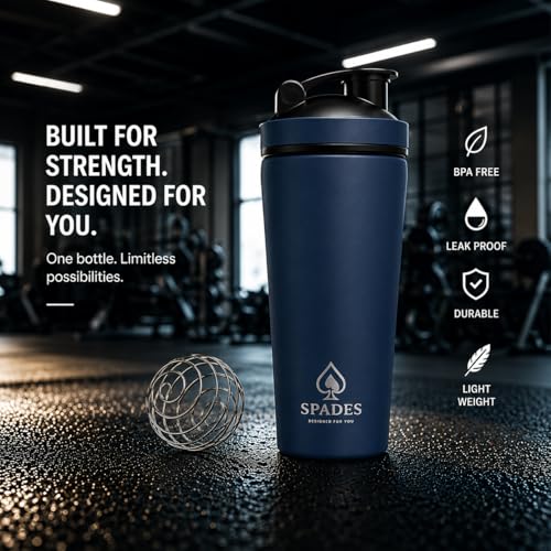 Image of SPADES 750ml Stainless Steel Protein Shaker Bottle with Mixing Ball | Leak Proof Gym Shaker for Protein & Pre Workout Drinks.. (Blue)