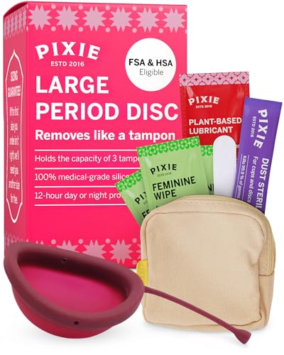Pixie Menstrual Disc for Feminine Care - Ranked 1 for Best Tampon Alternative Period Disc - 100% Medical-Grade Silicone - Removes Like a Tampon - Wear 12 Hours - Capacity of 7 Tampons (Large)