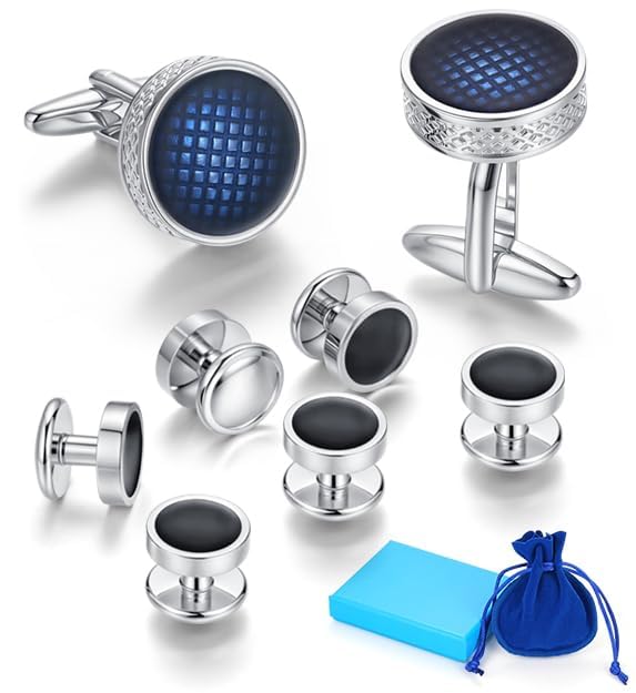 Mancuernillas para hombre azul con estuche dorado miniatura 1