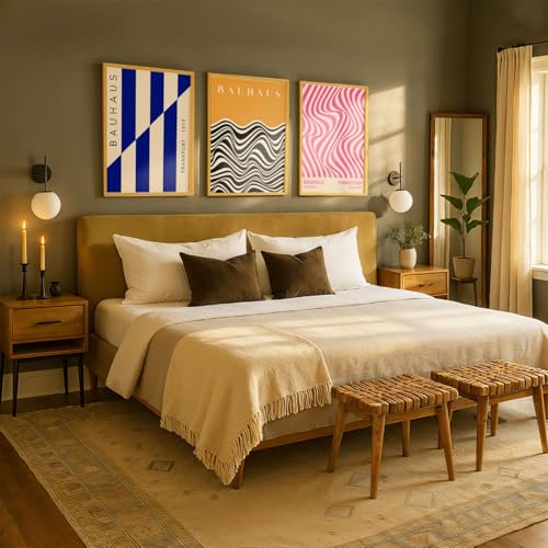 Image of SoulAbiti Geometric Shapes Series set of 3 Framed Wall Print 12x18 inch Light Brown Frame Plexi-Glass Bauhaus Art ready to hang for living room bedroom office decor