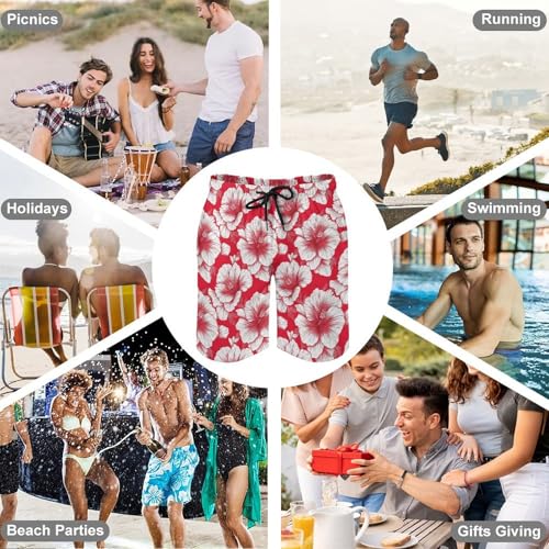 Hawaiian Shorts for Men - Comfy Tropical Red White Flowers Print Mens Swim Trunks Bathing Suits with Mesh Lining 6
